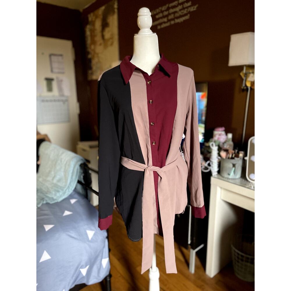 BURGUNDY, NAVY & NUDE SHIRT DRESS W WAIST TIE-IN EXCELLENT CONDITION